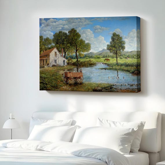 Village And Stream Landscape Decorative Canvas Wall Painting Nature Decor Print