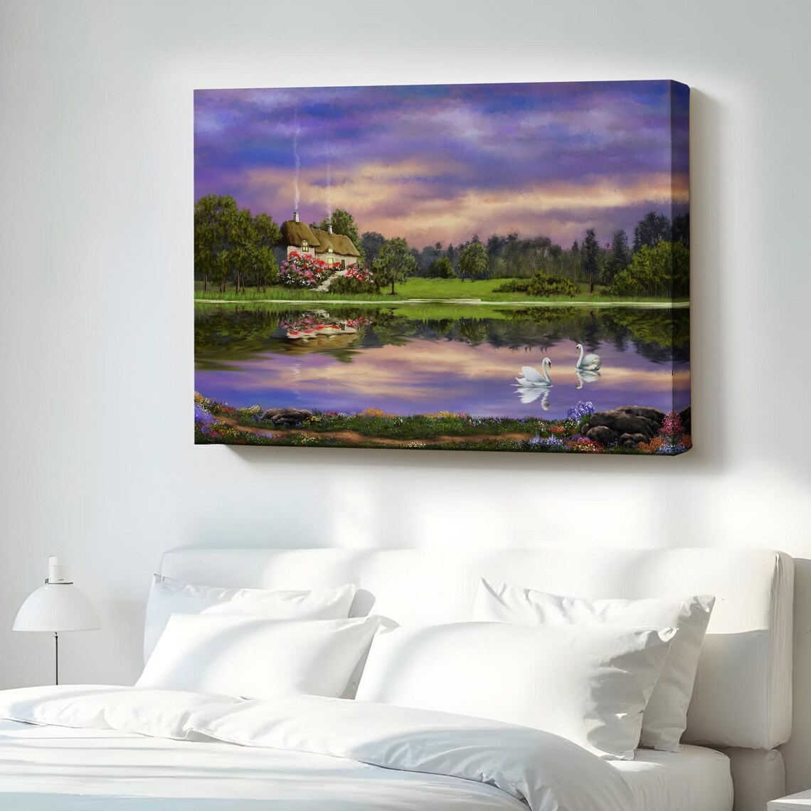 Lakeside Cottage Swans Sunset Purple Sky Romantic Landscape Poster