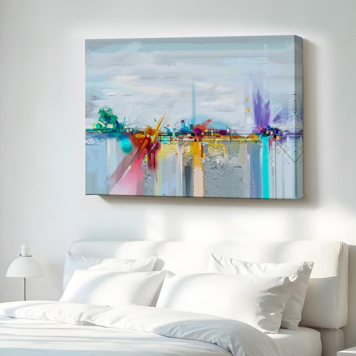 Abstract Waterfront Cityscape Soft Blue Pastel Modern Minimalist Art Poster