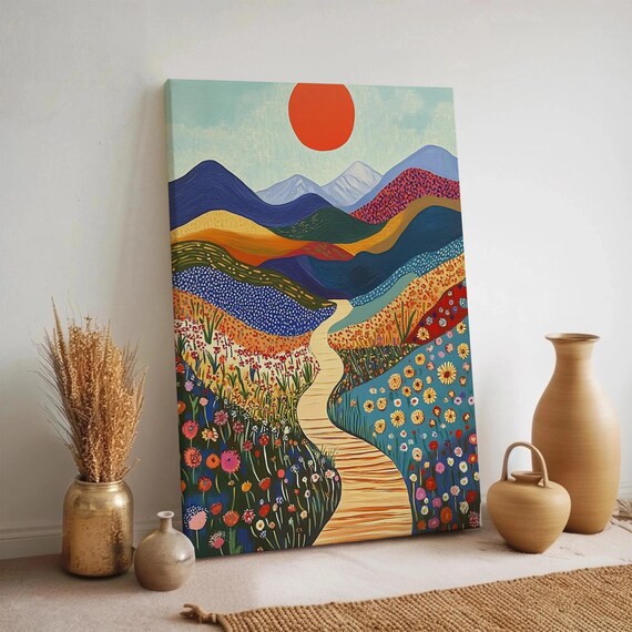 Colorful Folk Art Mountain Landscape Poster Red Sun Flower Meadow Path Art