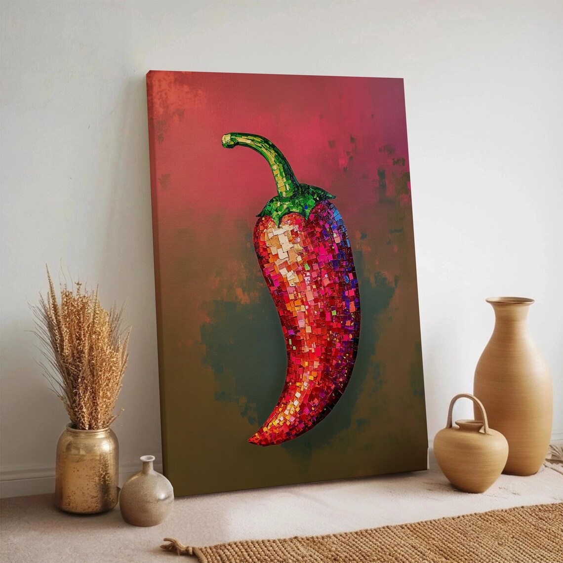 Mosaic Chili Pepper Canvas Wall Art Vibrant Red Kitchen Food Decor Gift