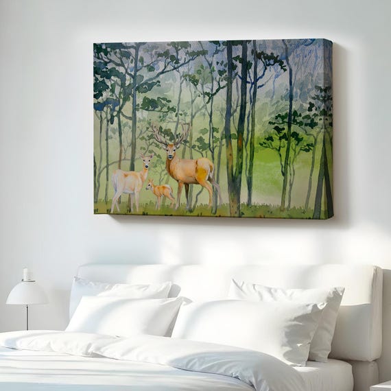 Deer Family Watercolor Look Decorative Canvas Wall Art Animal Decor Framed