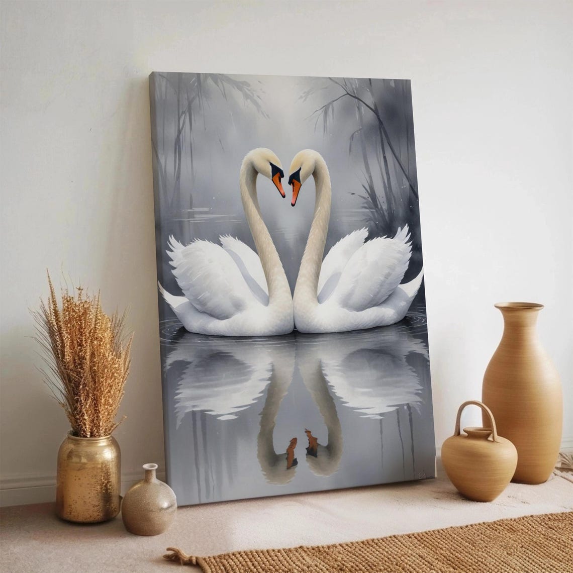 White Swan Couple Heart Shape Romantic Lake Reflection Wall Art