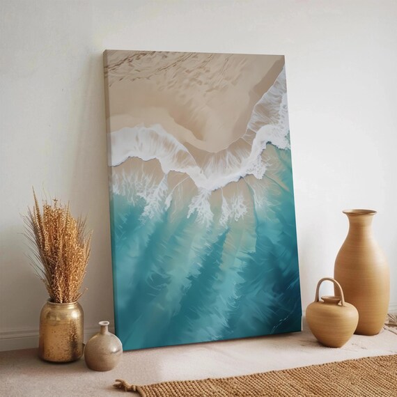 Aerial Ocean Waves Sandy Beach Turquoise Water Coastal Art Poster