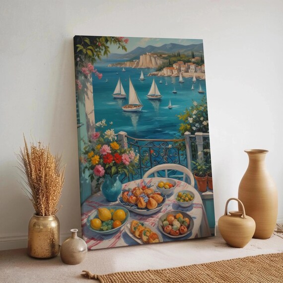 Mediterranean Balcony Sailboats Coastal Brunch Table Summer Seaside Poster