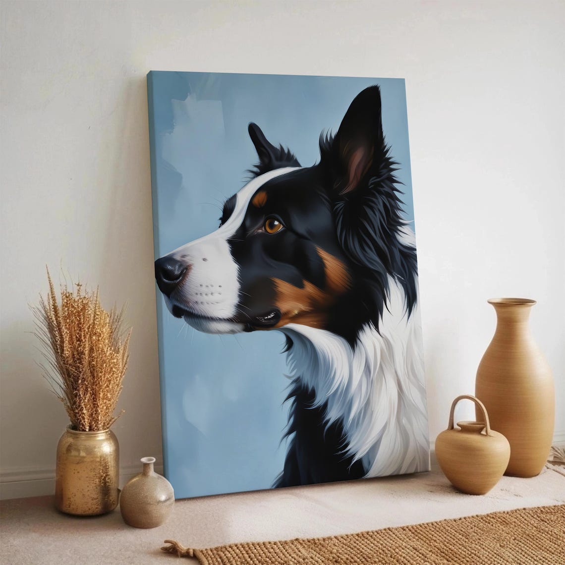 Border Collie Profile Portrait Painting on Soft Blue Background Poster