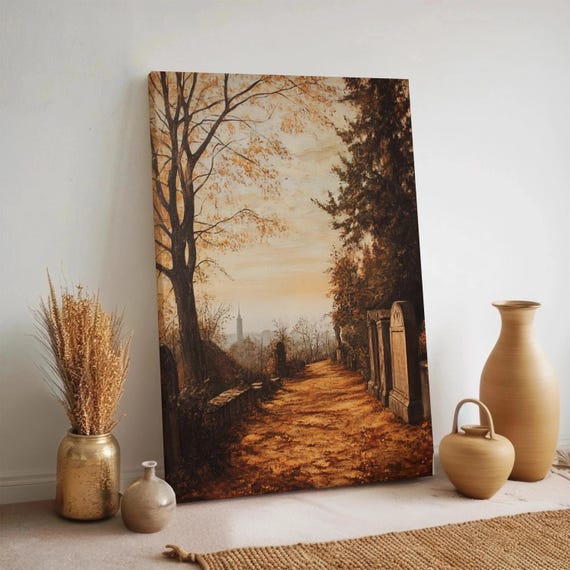 Autumn Alley Canvas Wall Art Vintage Cemetery Path Moody Fall Landscape Print Warm Sepia Nature Scene Framed Melancholic Seasonal Decor