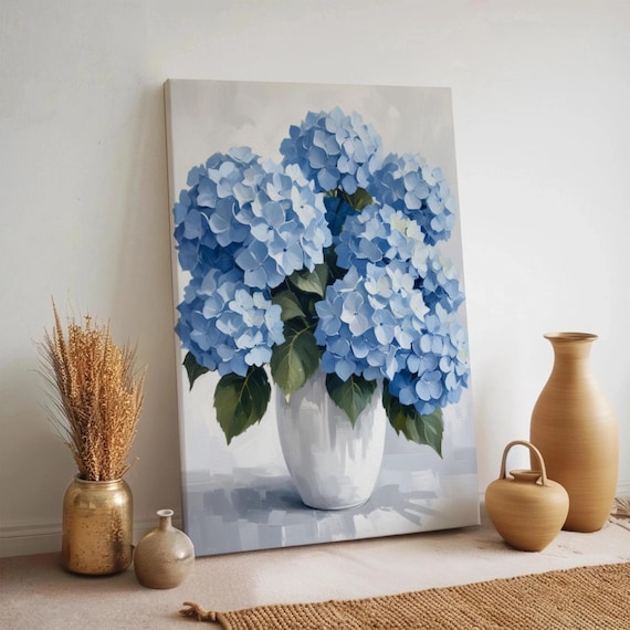 Blue Hydrangea Bouquet White Vase Soft Floral Still Life Painting Poster