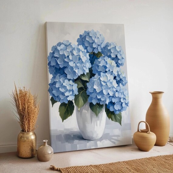 Blue Hydrangea Canvas Floral Bouquet Painting In White Vase Elegant Botanical Print For Kitchen Or Living Room Country Cottage Decor