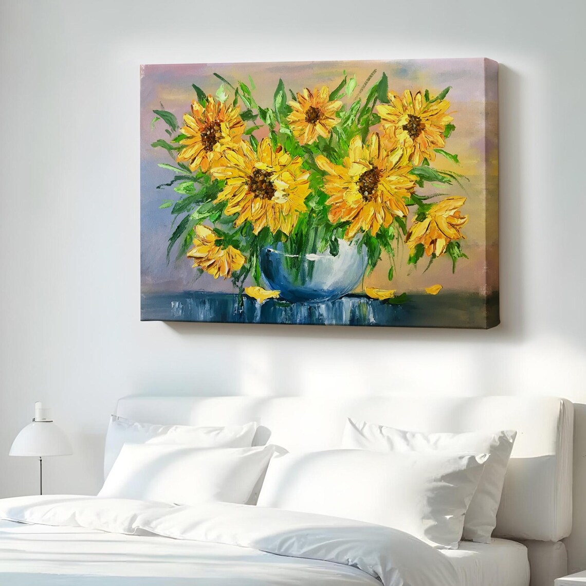 Sunflowers In Blue Vase Bright Yellow Floral Oil Painting Style Poster