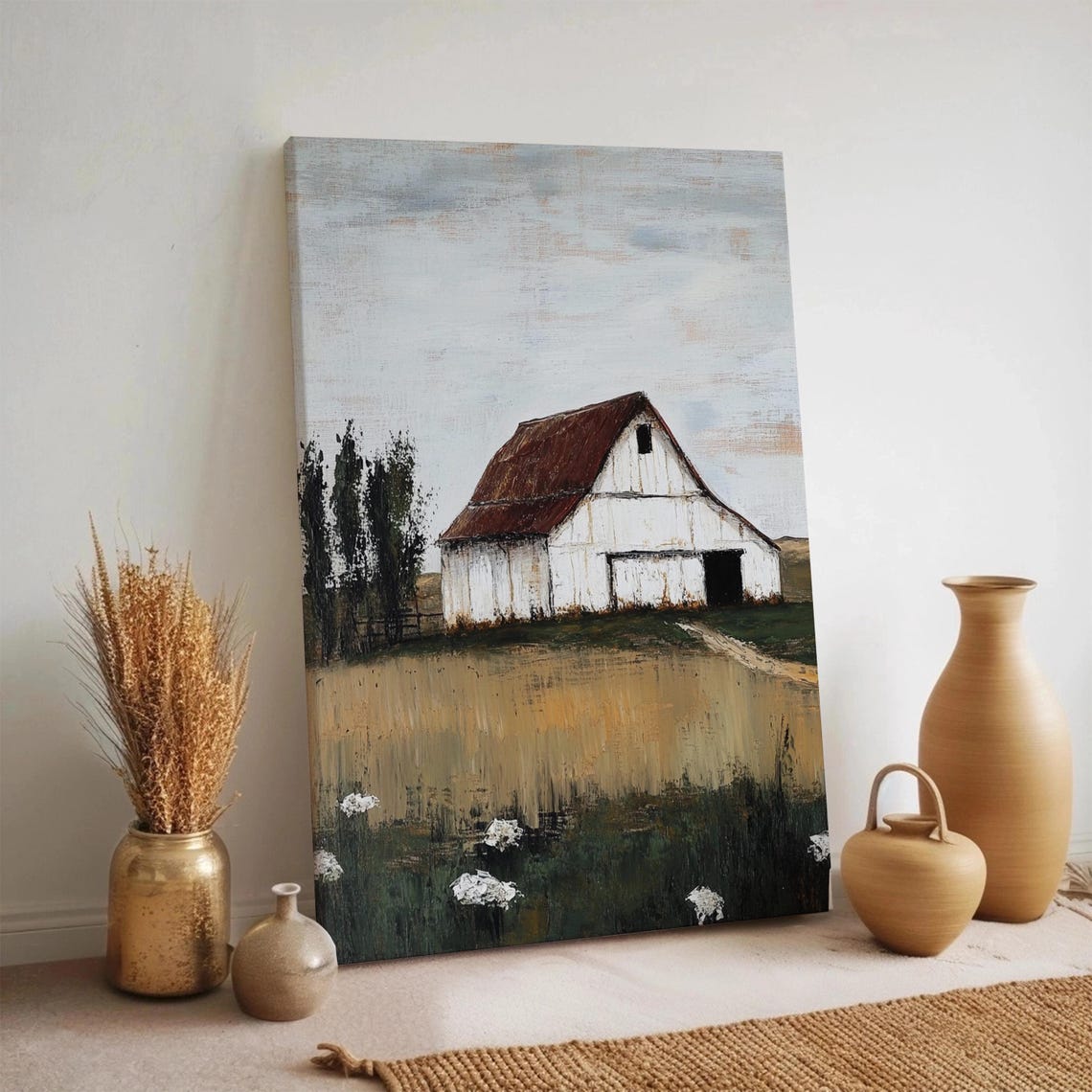 White Rustic Barn Golden Field Countryside Farmhouse Art Print