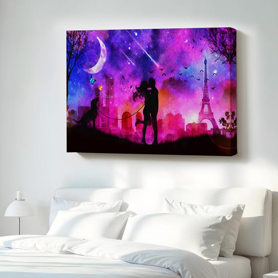 Couple Kissing In Front Of The Eiffel Tower Canvas Wall Art Abstract Housewarming Gifts Print