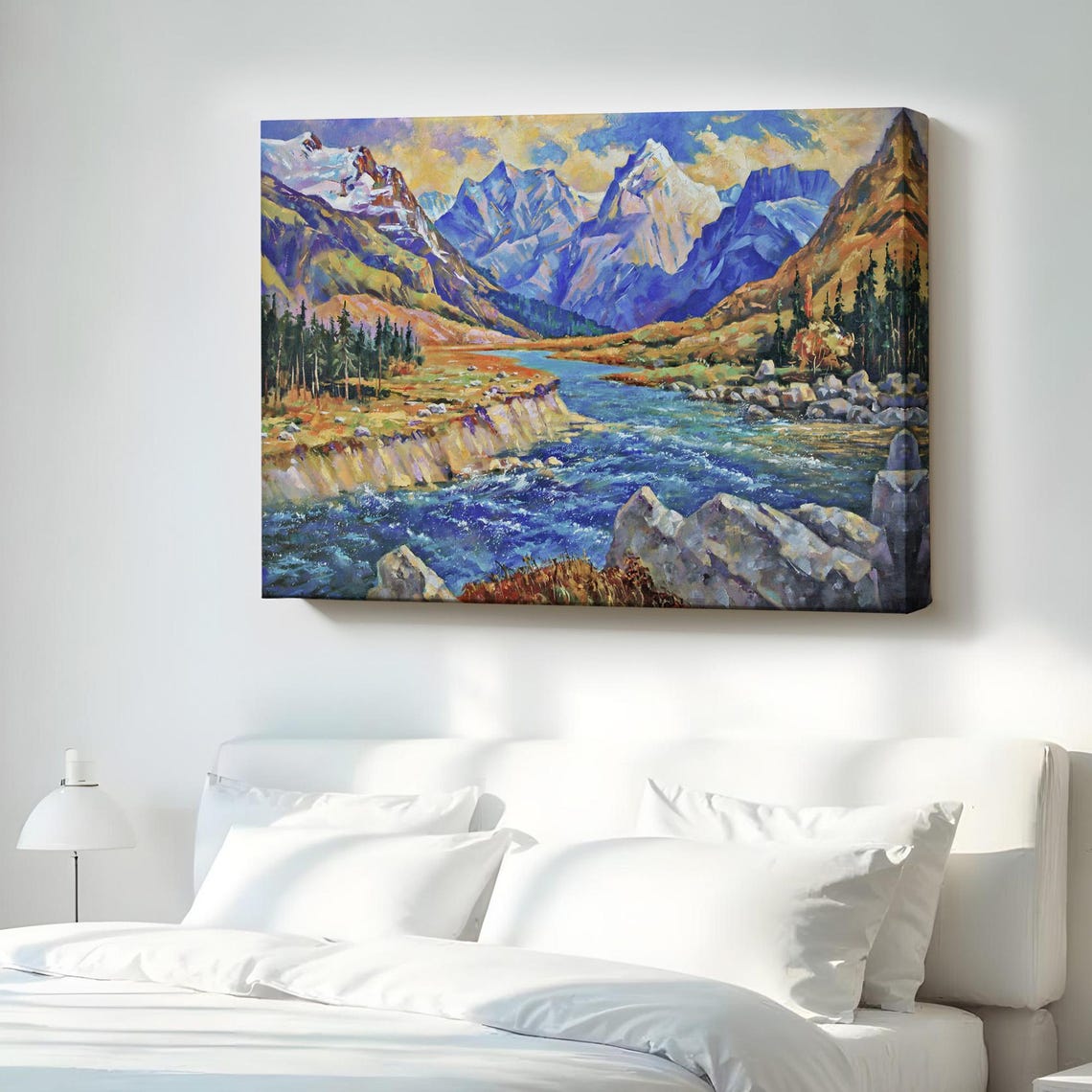 Snowy Alpine Peaks Above A Wild Rushing River Oil Style Poster