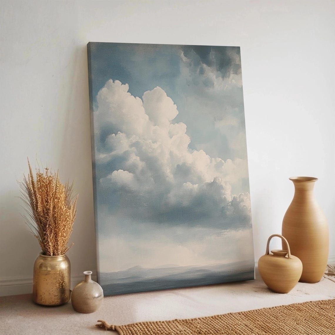 Serene Blue Sky Cloudscape Cumulus Clouds Ocean Painting Poster