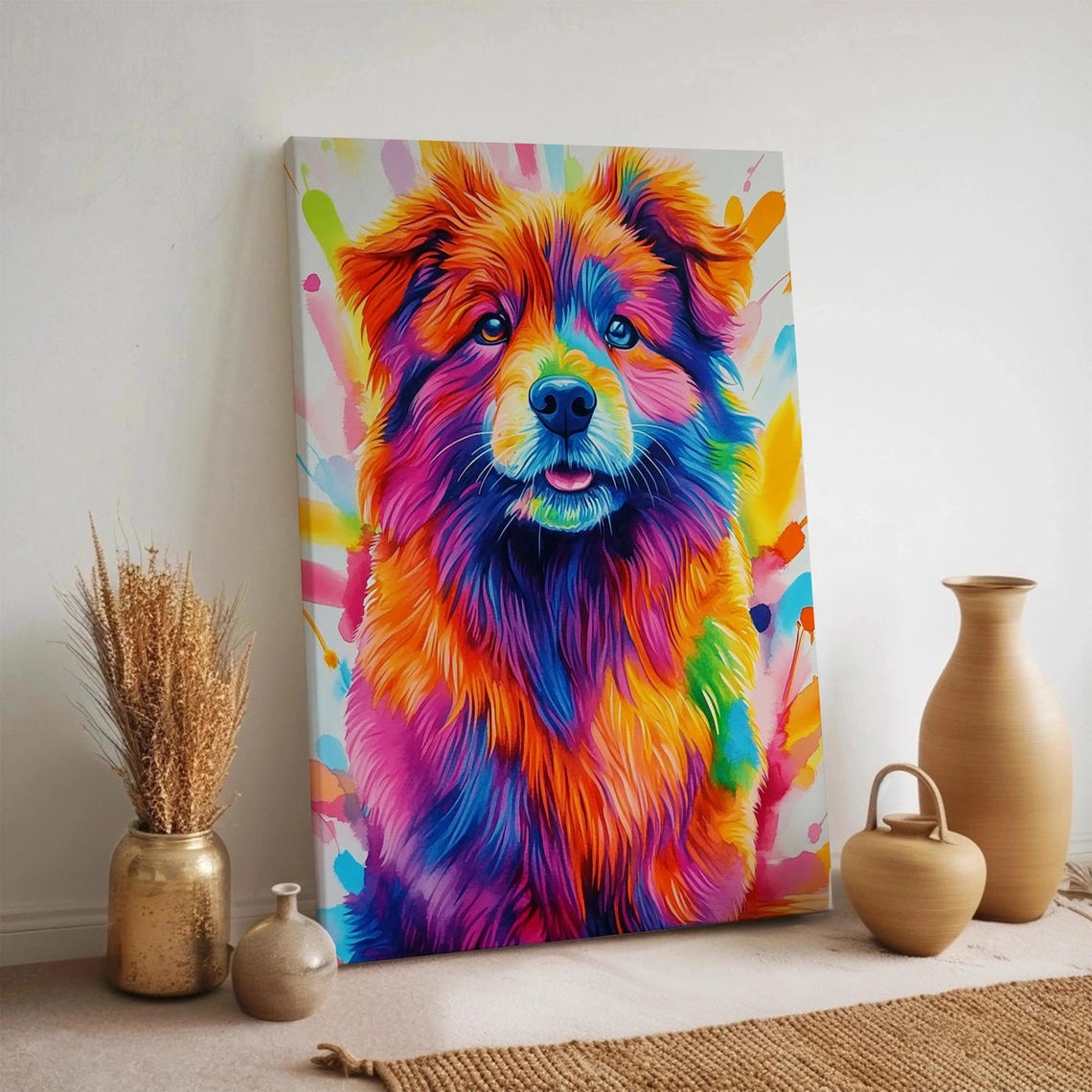 Colorful Rainbow Dog Portrait Painting Vibrant Pet Splash Art Poster
