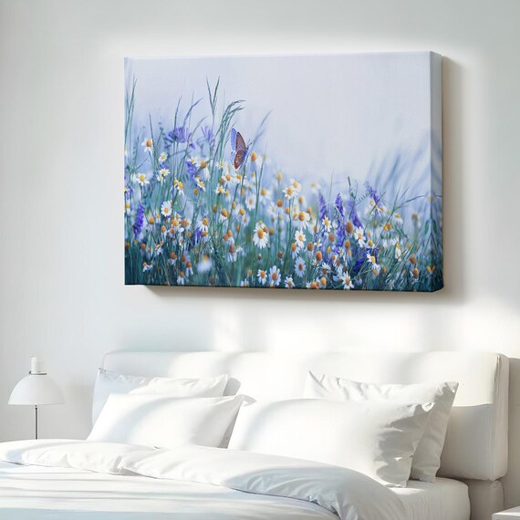 Wildflower Meadow Daisies Butterfly Soft Blue Floral Wall Art