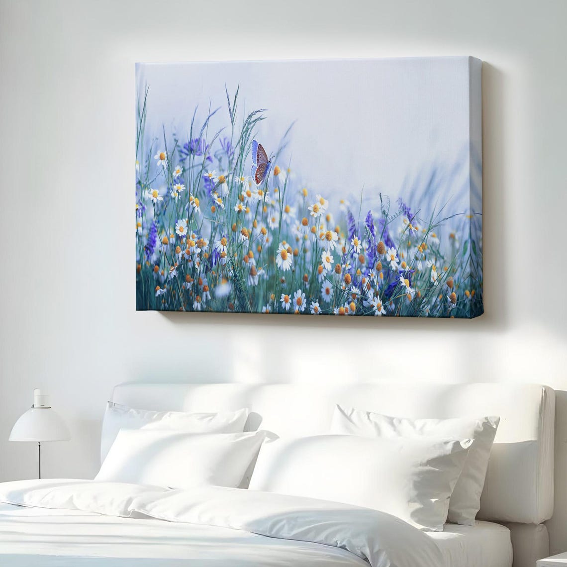 Wildflower Meadow Daisies Butterfly Soft Blue Floral Wall Art