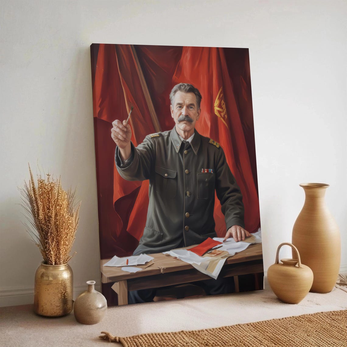 Soviet Military Officer Portrait Red Flag Historical Canvas Poster