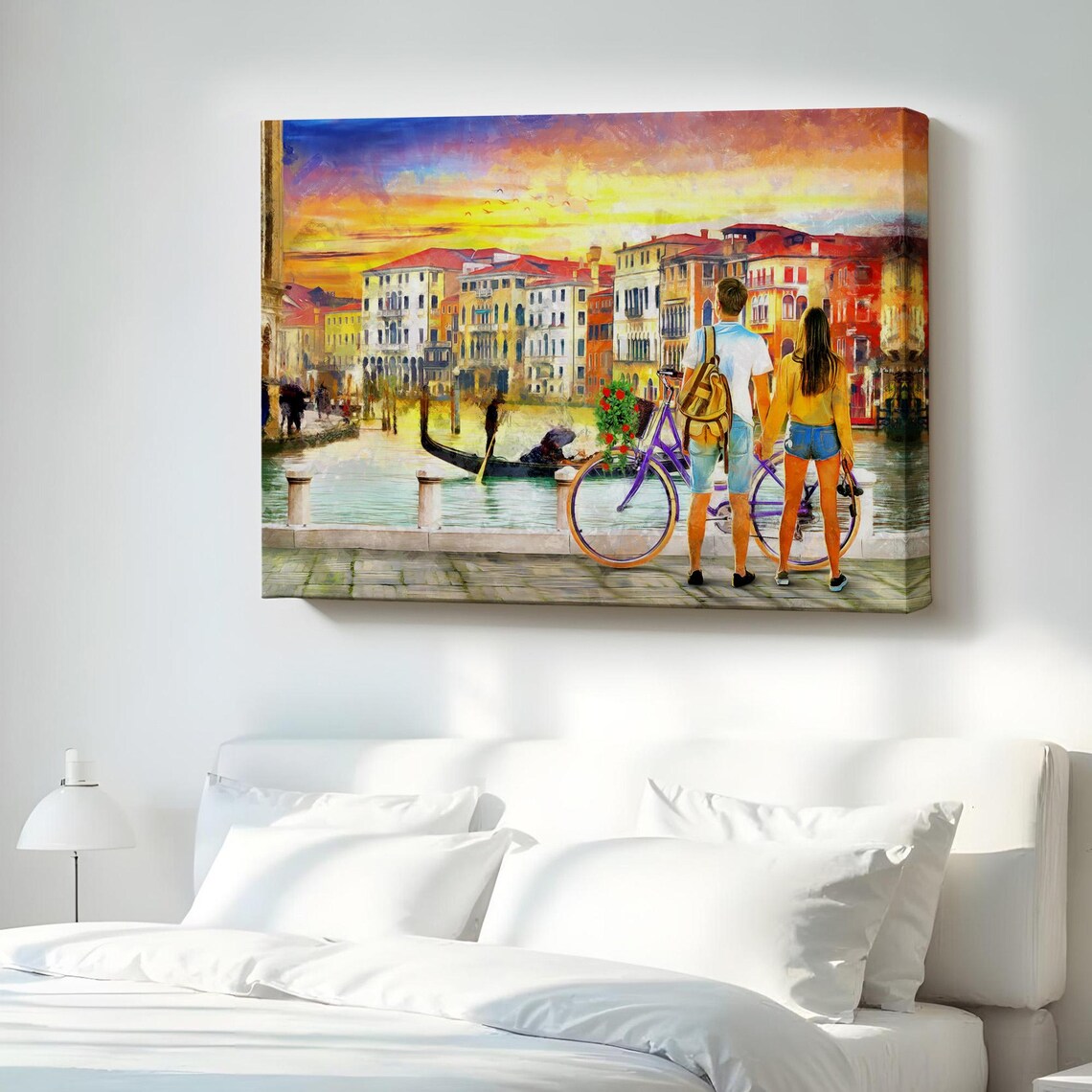 Romantic Couple Overlooking Venice Canal Sunset Painterly Canvas Poster