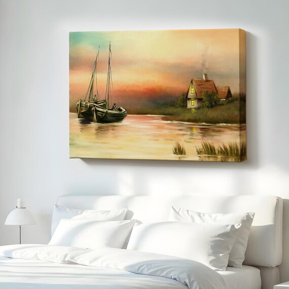 Fishing Boats Sunset Cabin Calm Serene Water Landscape Art Poster