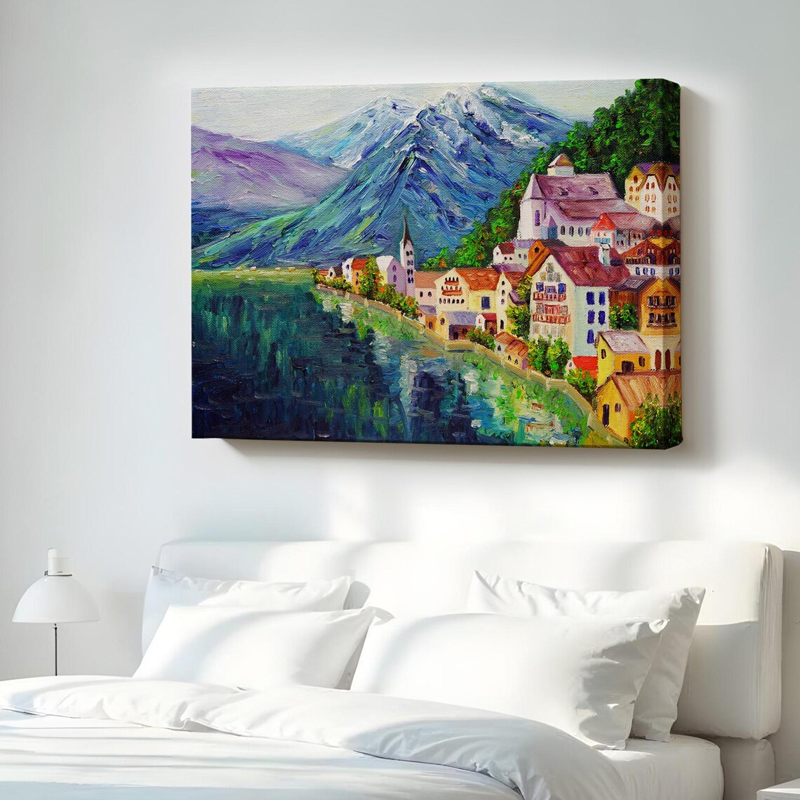 Hallstatt Austria Lakeside Village Oil Painting Alps Lake View Wall Art