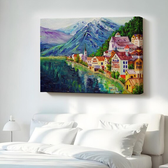 Hallstatt Austria Lakeside Village Oil Painting Alps Lake View Wall Art