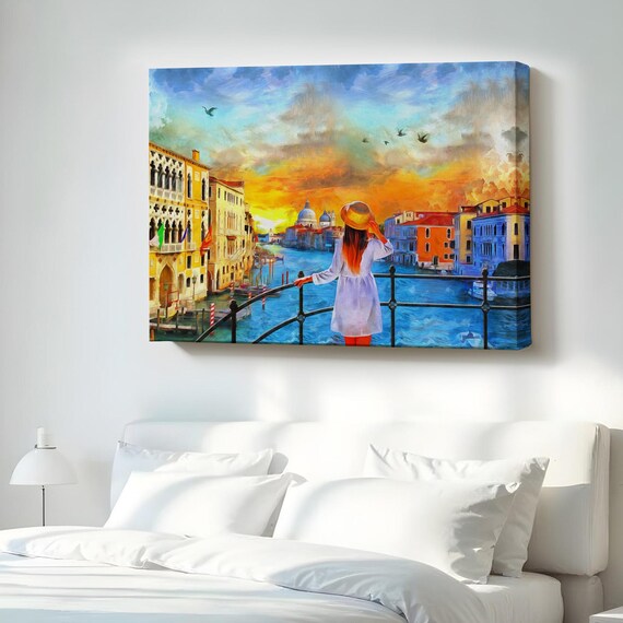 Venice Grand Canal Sunset Painting of Girl in White Dress Oil Style Poster
