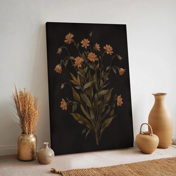 Dark Floral Vintage Botanical Moody Orange Wildflower Painting Poster