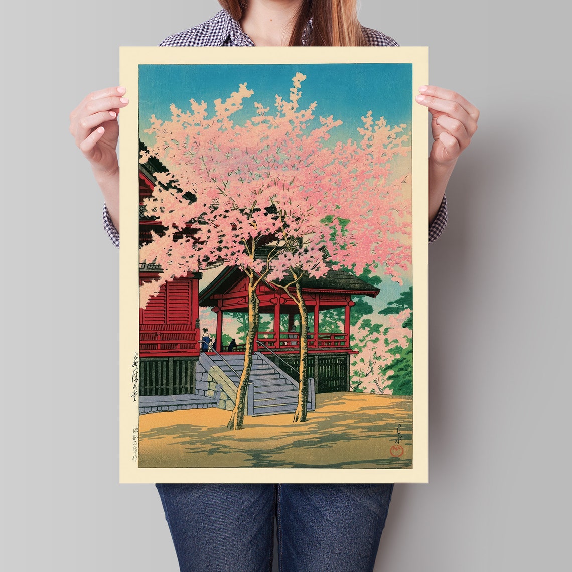 Japanese Cherry Blossom Temple Spring Woodblock Style Art Poster - Image 4