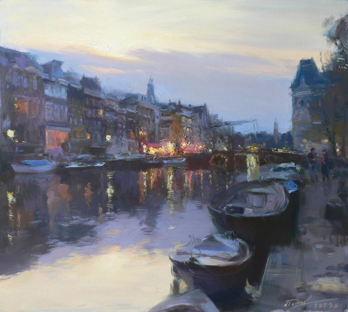 Evening Reflections on the Canal, City Lights Art Print - Image 2