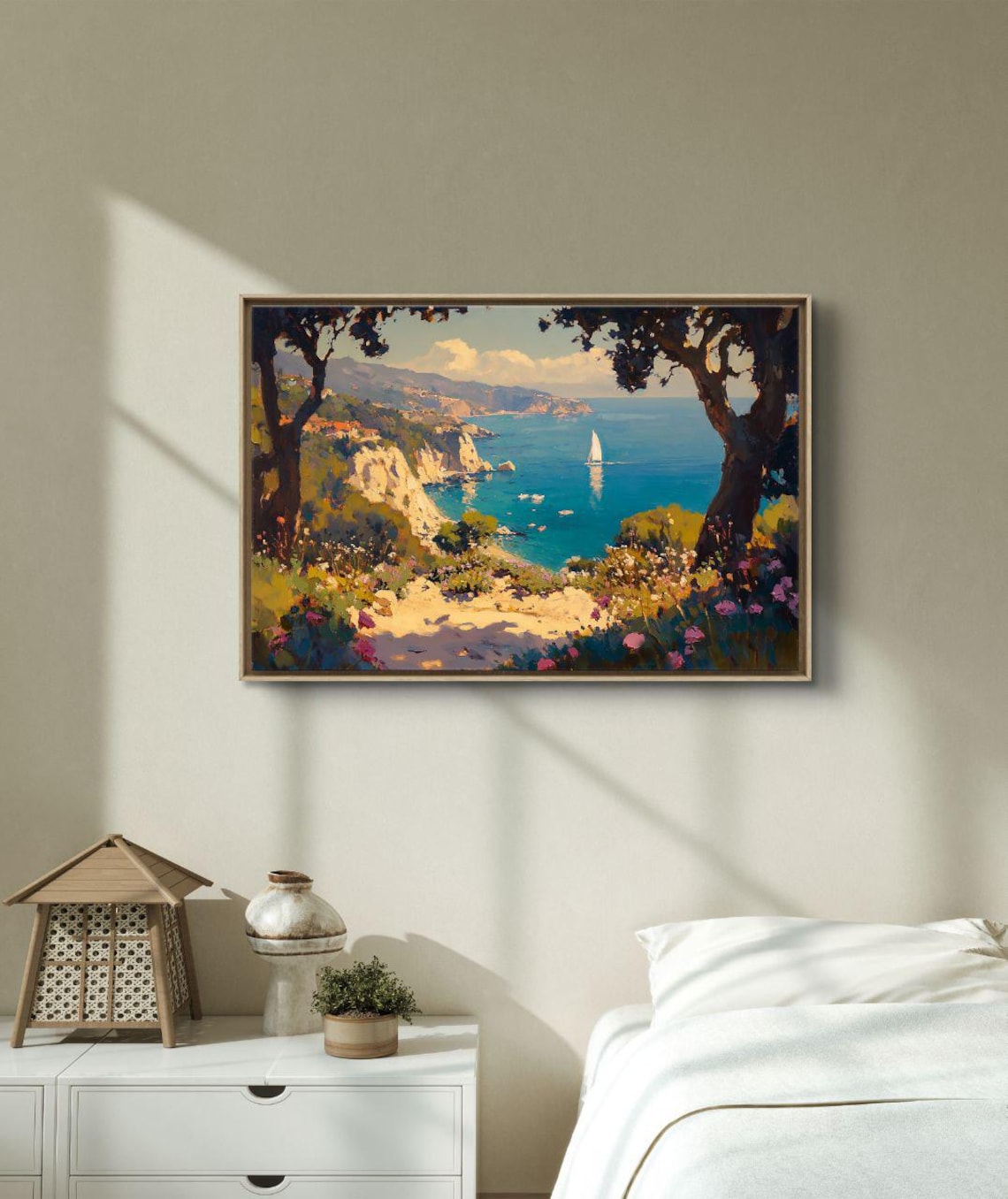 Bay Of Light Original Oil Painting Of Italian Seaside Cliff View With Sailboats And Wildflowers