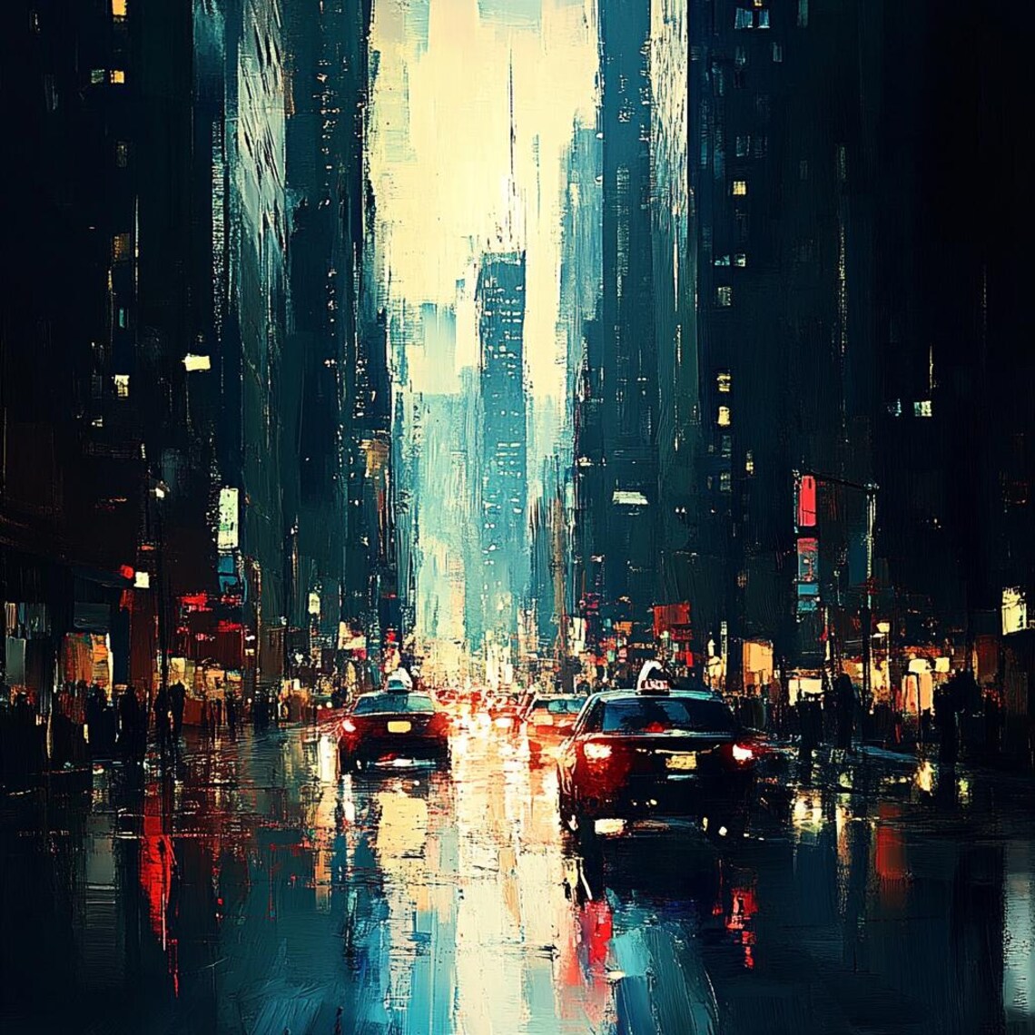 Rainy Night In The City, New York Nightscape Art Print - Image 2