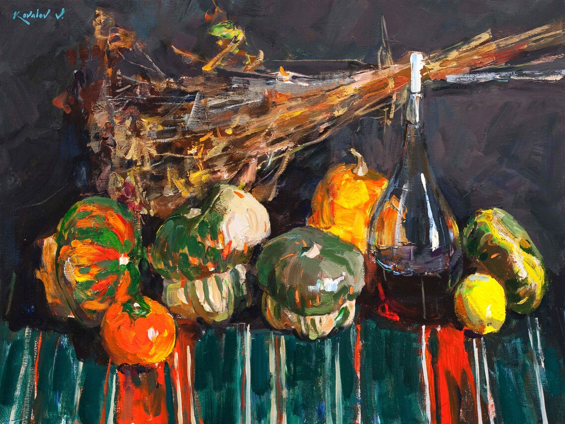 Rustic Still Life With Pumpkins, Original Oil Painting - Image 3