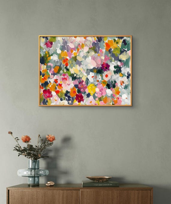 Blooming Meadow Original Colorful Abstract Floral Oil Painting With Bold Brushstrokes In Pink Orange Yellow And Green Tones