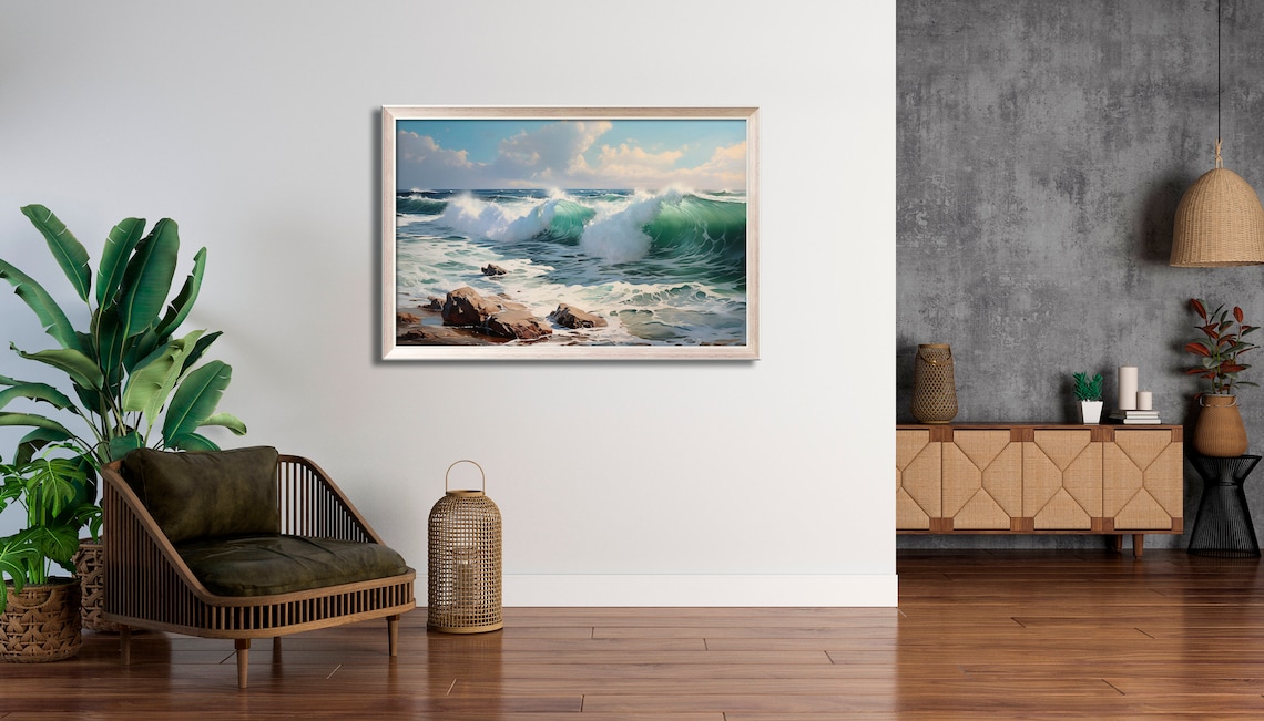 Ocean Coastal Rocks and Waves, Original Oil Painting