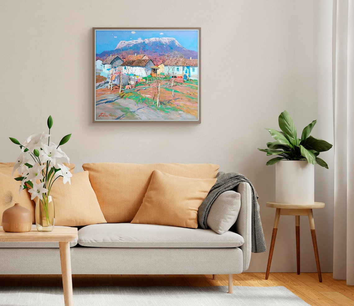 Mountain Landscape With Blooming Trees, Painting