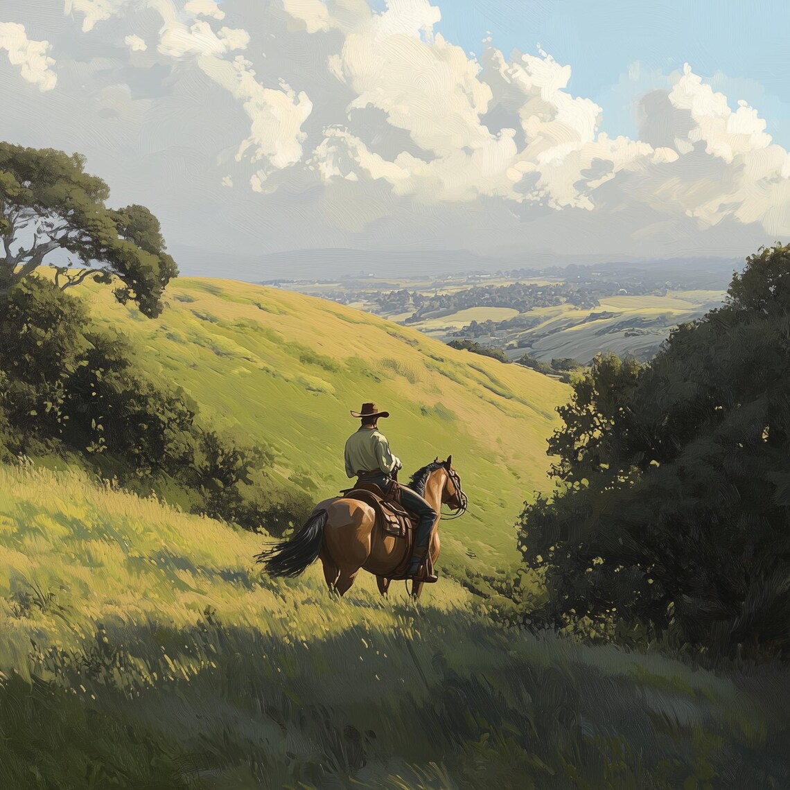 Cowboy On Horseback, Western Countryside Landscape - Image 2