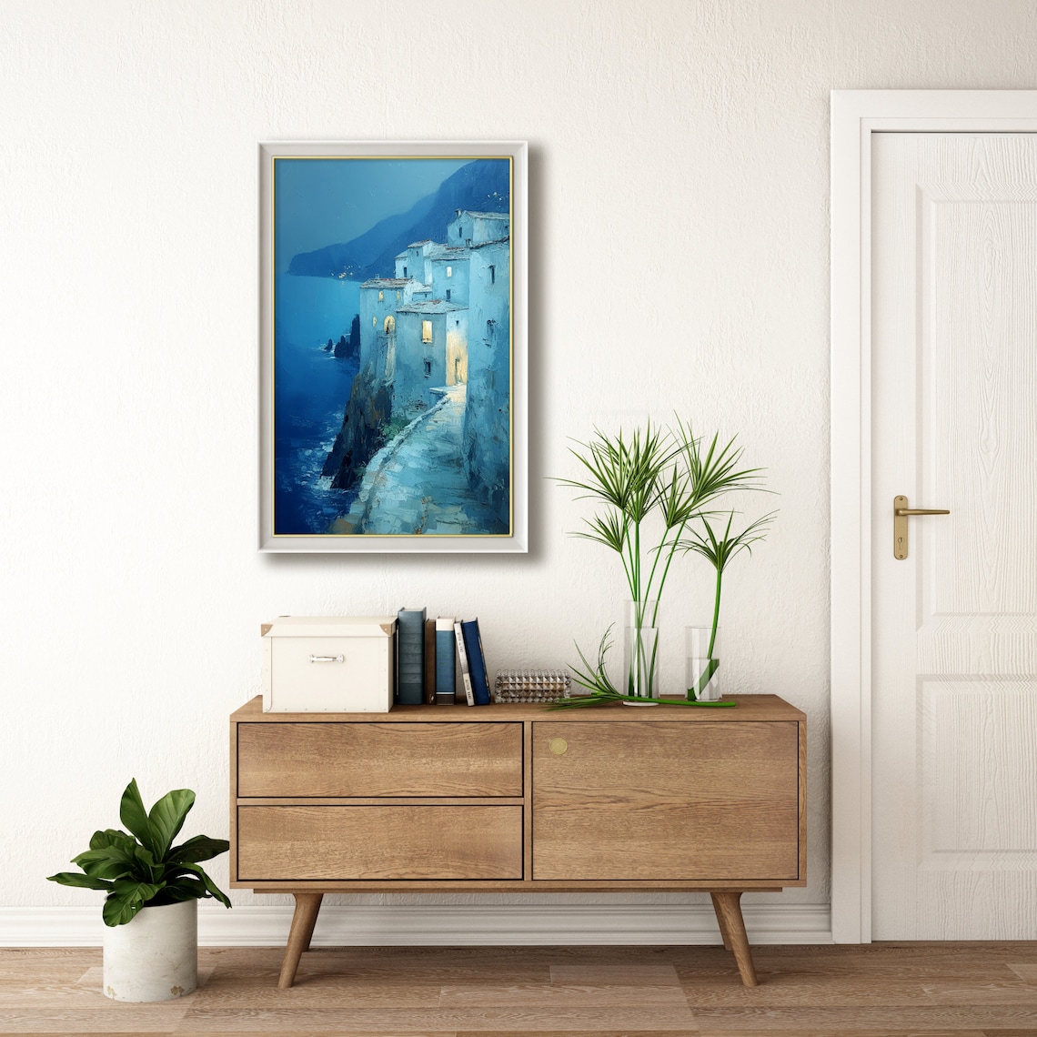 Mediterranean Night Cityscape, Oil Painting