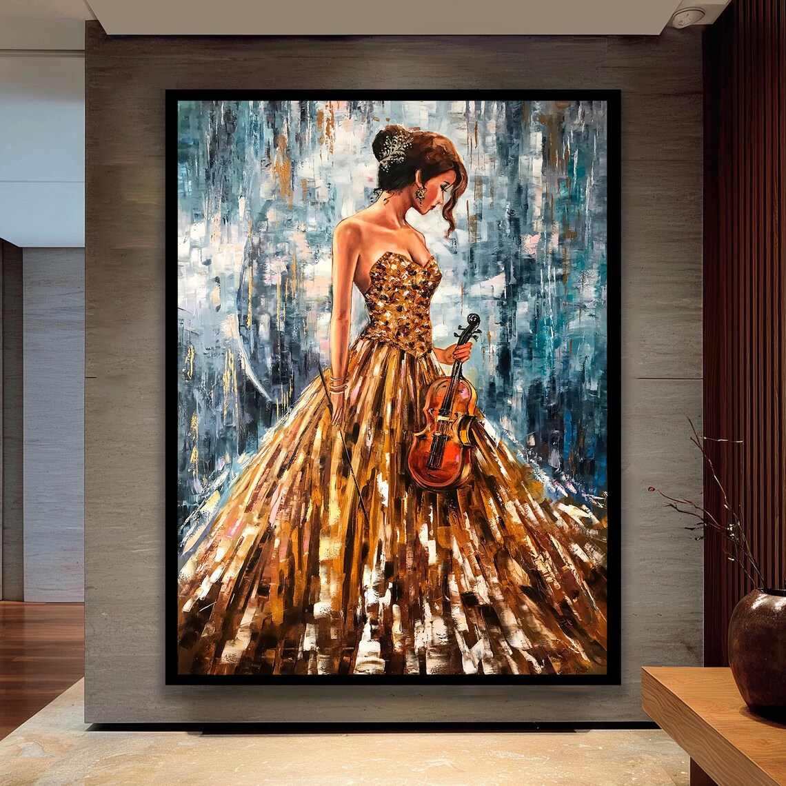 Elegant Violinist In Golden Gown Romantic Music Painting Poster