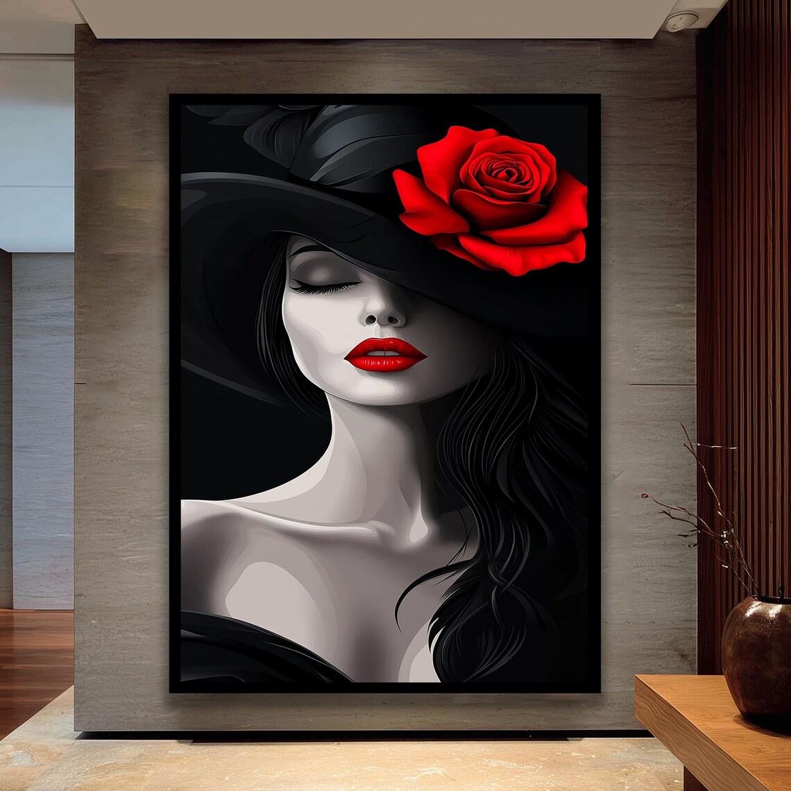 Mysterious Lady In Black Hat With Red Rose Noir Style Portrait Art Poster