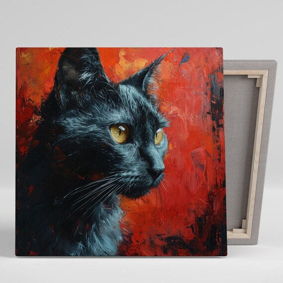 Black Cat Portrait With Golden Eyes On Fiery Red Canvas Art Poster