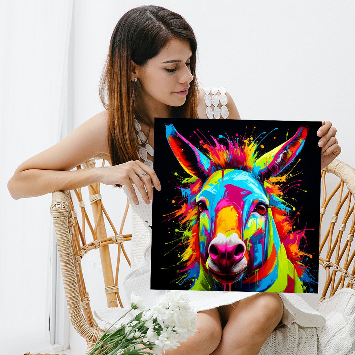 Neon Rainbow Donkey Paint Splatter on Black Bold Pop Art Poster - Image 3