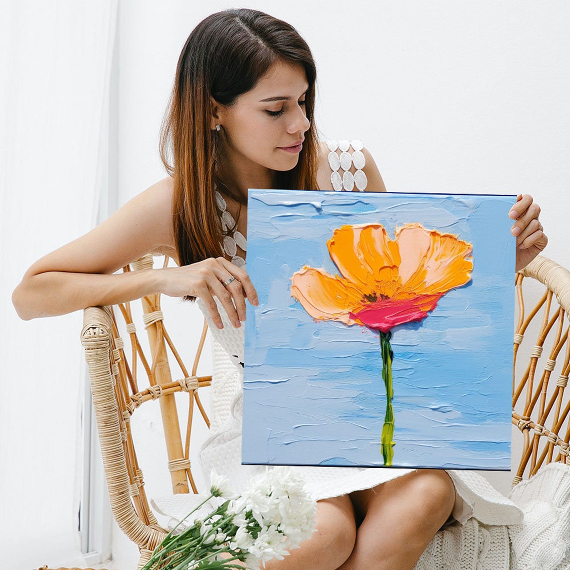 Single Orange Poppy On Blue Minimalist Impasto Flower Canvas Poster - Image 5