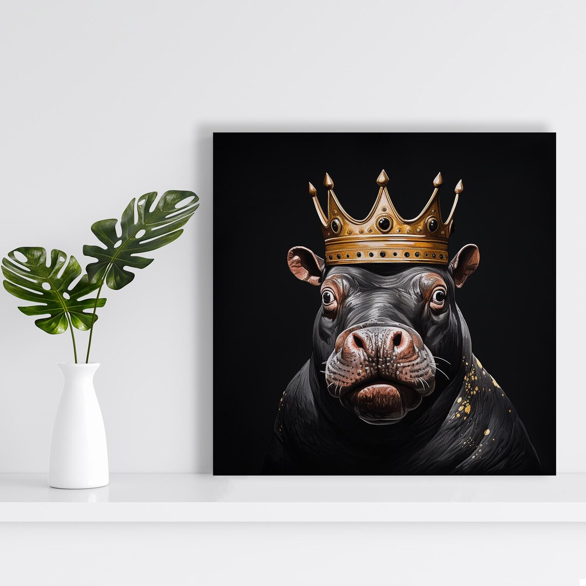 Regal Hippo King Gold Crown Black Background Majestic Glam Animal Wall Art Poster - Image 2