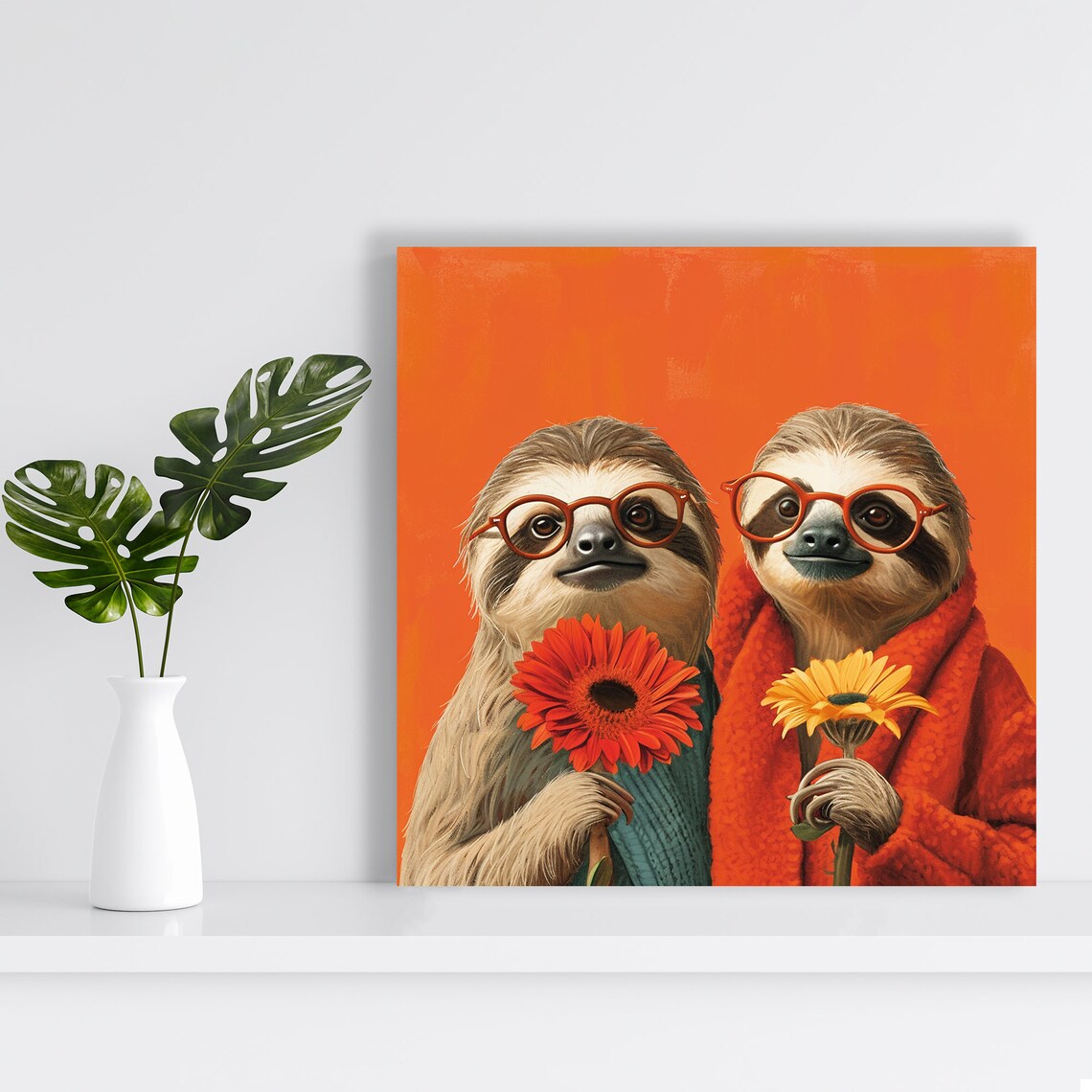 Two Sloths Wearing Glasses Holding Flowers Orange Background Cute Poster - Image 2