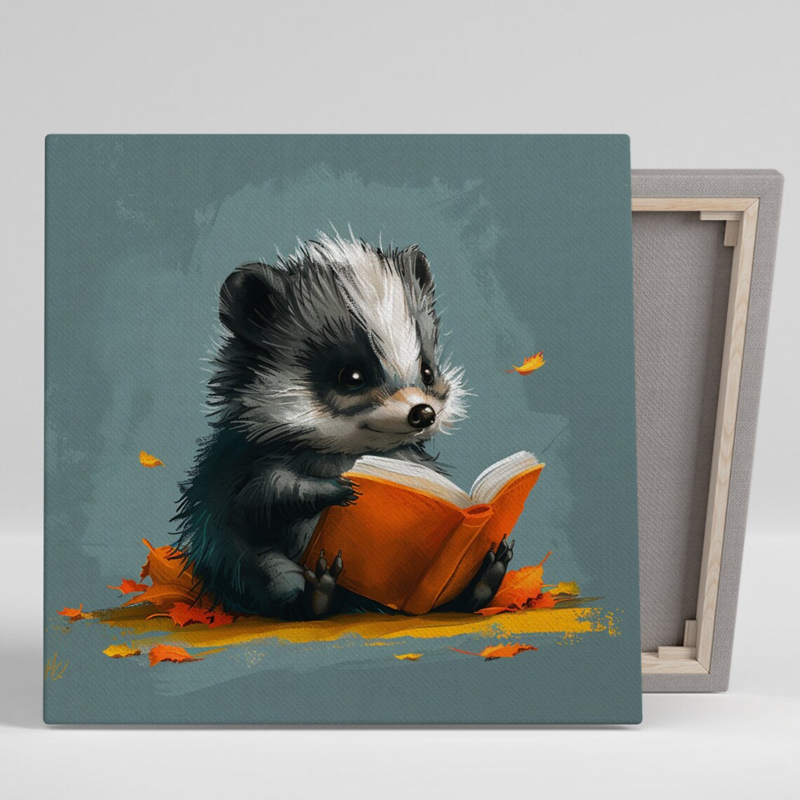 Baby Badger Reading Orange Book Autumn Leaves Cozy Nursery Poster