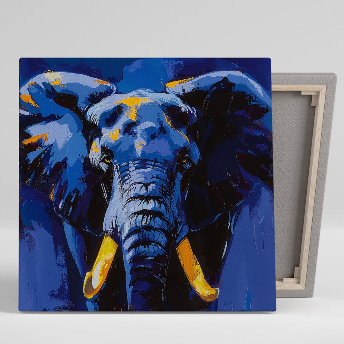 Majestic Blue Elephant Portrait Golden Tusks Deep Blue Poster