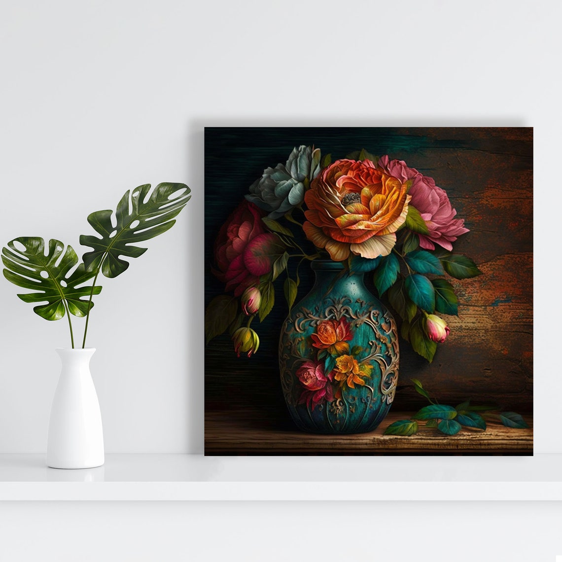 Coral Rose Bouquet Ornate Teal Vase Dark Classic Floral Art Poster - Image 3