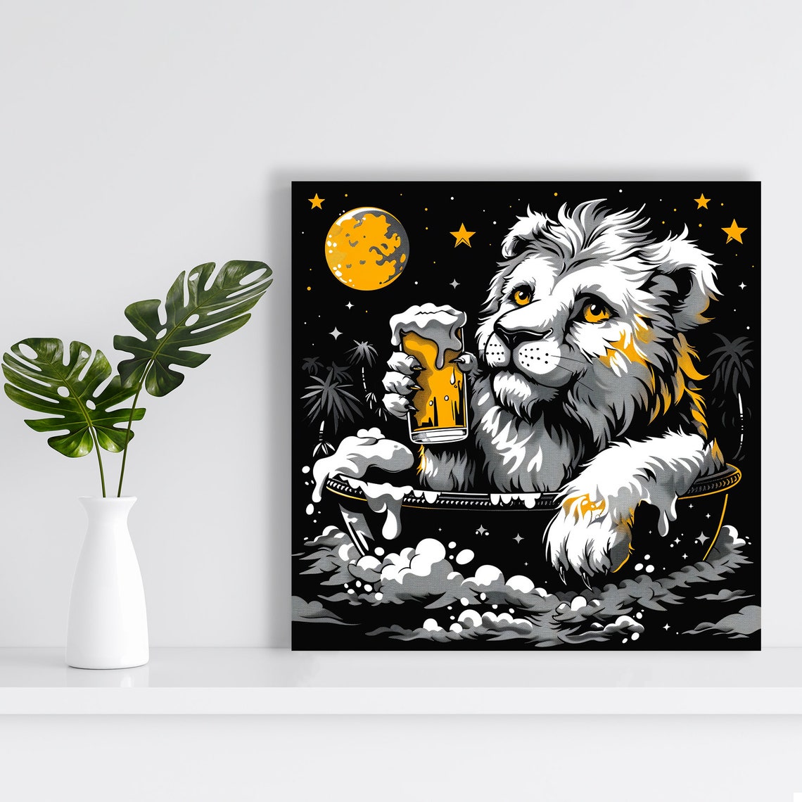 Lion In Bubble Bath With Beer Under Starry Night Fun Wall Poster - Image 2