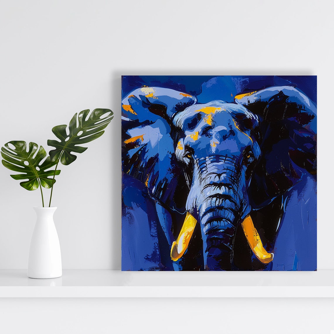 Majestic Blue Elephant Portrait Golden Tusks Deep Blue Poster - Image 2